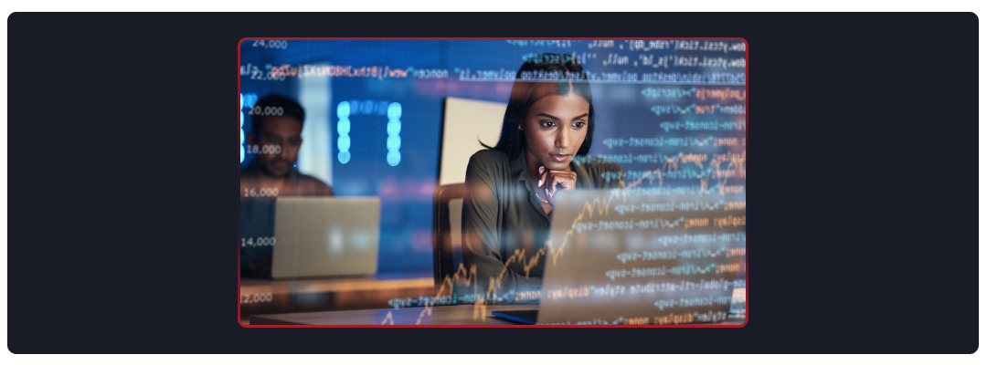 Woman looking at computer screen of algorithms